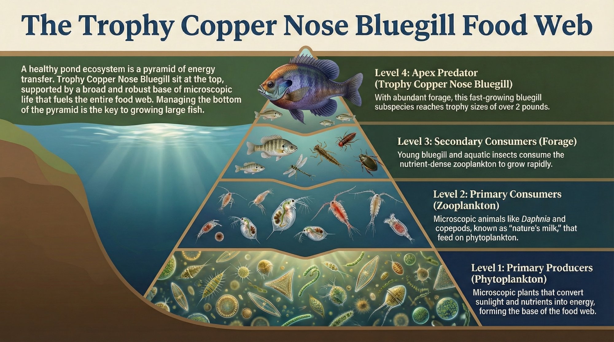 Trophy Coppernose bluegill food web pyramid showing phytoplankton, zooplankton, forage fish, and apex predators
